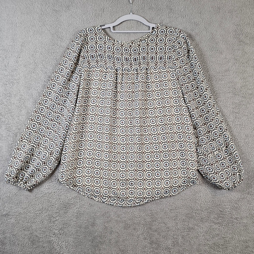 LOFT Womens Small Medallion Floral Long Sleeve Lined Blouse Black Blue Cream‎